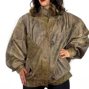 1990s Vera Pelle Italian Leather Dolman Jacket Brown Textured Casual Medium